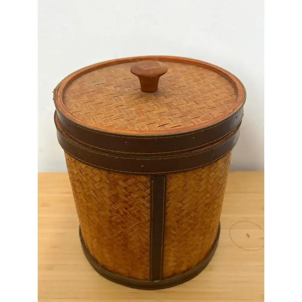 Vintage Woven Rattan Ice Bucket Faux Leather Trim Insulated Tiki Barware